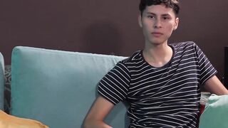 Skinny teen gay Dimitri Vega jerking off and sucking cock