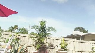 Stud services fat dick by the pool and receives cumshot