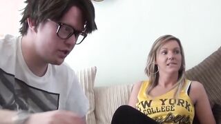 British babe Sally Jo tricked into sucking nerd cock