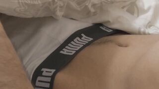 Skinny twink Markus licking his own dick while jerking off