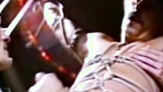 Submissive stud receives blowjob in retro threesome