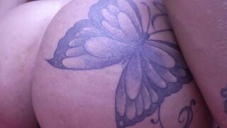 Tattooed big tits shemale hottie wanking her big cock solo