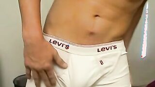 Shaved cock homo lowers underpants and tugs his dick solo