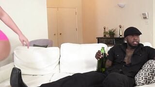 Drunk black stepdad drills his white stepdaughter on sofa