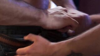 Tattooed anal gay doggy fucked by mature hunk in kitchen