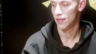 Gay janitor sucks big cock in glory hole booth