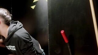Gay janitor sucks big cock in glory hole booth