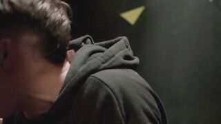 Gay janitor sucks big cock in glory hole booth