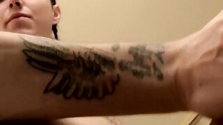 Tattooed thug shows off his nubile body while jacking off