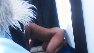 Ebony teen fucks dildo on the wall on webcam