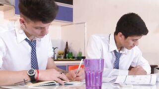 Thin homosexual twinks try bareback anal cummed first time