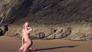 Nubile is teasing as she presents her shaved pussy outdoors
