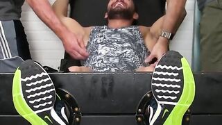 Muscular hunk Bruno Bernal tickled by two older dudes hard