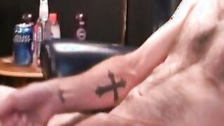 Nasty looking old guy takes his big dick and jerks off