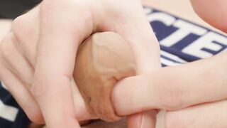 Tattooed skinny twink Terome James stroking his big dick
