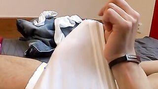 Skinny homo in white underwear tugs his big dick solo