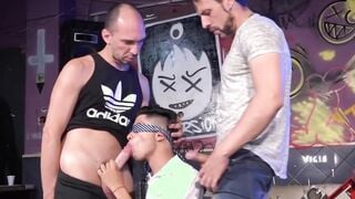 Two mature guys mouth and ass fuck good looking young man
