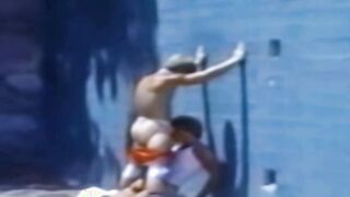 Young men are having classic blowjob competition outside