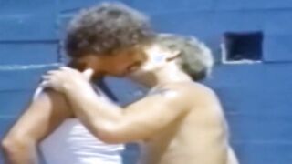Young men are having classic blowjob competition outside