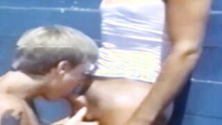 Young men are having classic blowjob competition outside