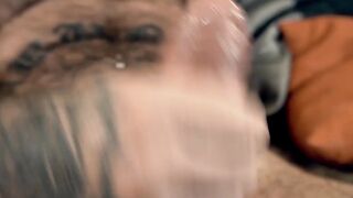 Inked hairy hunk jerks off and shoves his big cock in cake