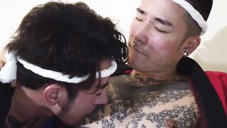 Tattooed Oriental jocks ass drilling after sloppy deepthroat