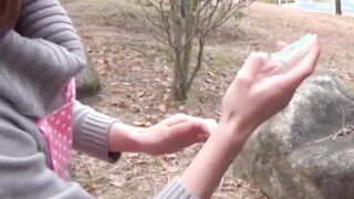 Playful Japanese babe takes it balls deep in her hairy pussy