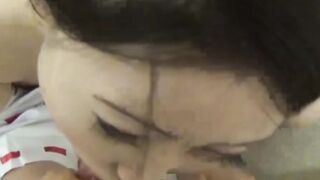 Japanese chick in traditional Asian outfit slobbers on dick
