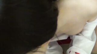 Japanese chick in traditional Asian outfit slobbers on dick