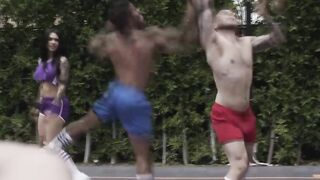 Threesome interracial On The Ball Court