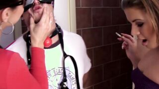 Two horny teens restrain big cocked dude and fuck him