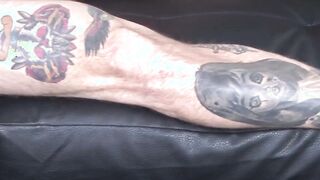 Tattooed soldier Dane Stewart wanking his fat cock at home
