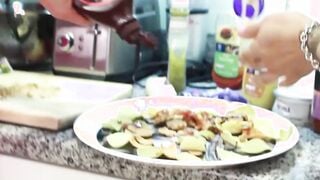 Beautiful Asian ladyboy jerking off to jizz on a food plate
