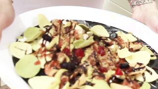 Beautiful Asian ladyboy jerking off to jizz on a food plate