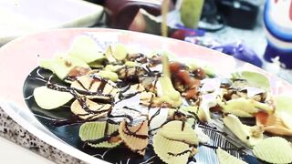 Beautiful Asian ladyboy jerking off to jizz on a food plate