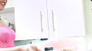 Beautiful Asian ladyboy jerking off to jizz on a food plate