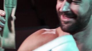 Three muscular hunks pounding raw and sucking in club