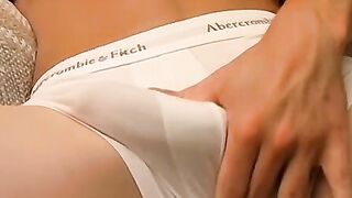 Hung dick rider jerks off over his underwear and cums solo