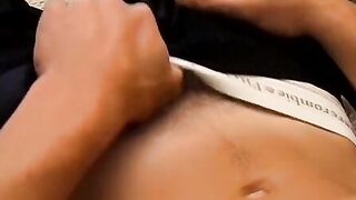 Hung dick rider jerks off over his underwear and cums solo