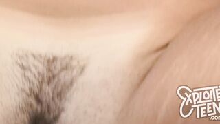 This teen has tan lines and trimmed but meaty pussy