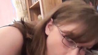 Nerdy girl Jessica Lo sucking cock while showing big tits