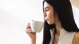 liking a cup of coffee, Simon Kitty goes about her morning routine. She calls to