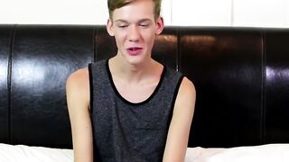 Skinny twink wanks his long cock until he explodes his jizz