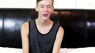 Skinny twink wanks his long cock until he explodes his jizz