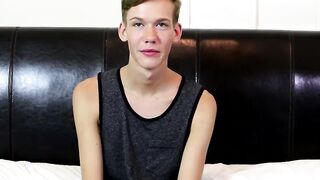 Skinny twink wanks his long cock until he explodes his jizz