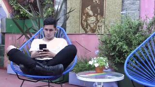Twink latino cums after riding bareback and blowjob