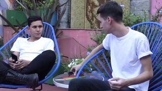 Twink latino cums after riding bareback and blowjob