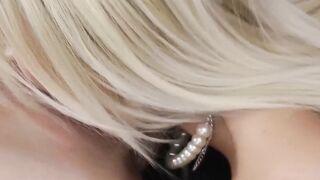 Blonde lesbian in stockings eaten out by British MILF Lara