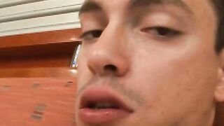Inked gay Brazilian with killer abs jerks himself off solo