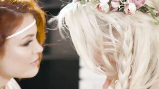Blonde TS Aubrey Kate fucks lesbo hippie after drooling 69